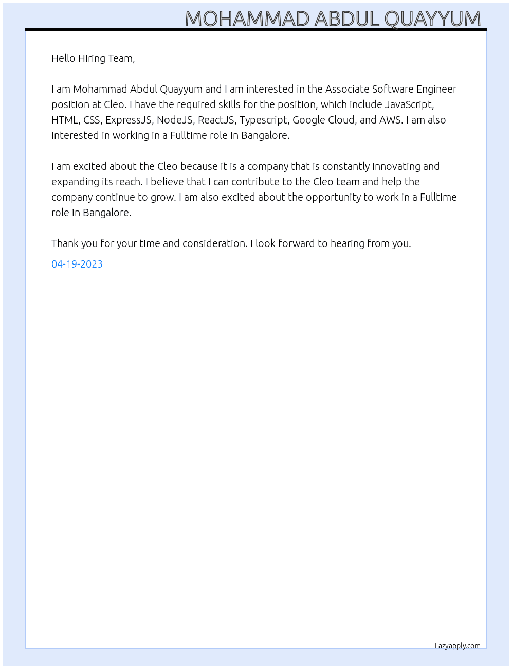 Associate Software Engineer At Cleo Cover Letter