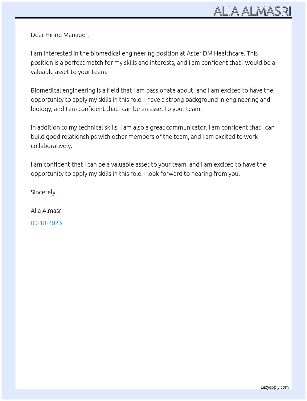 biomedical engineering At Aster DM Healthcare  Cover Letter