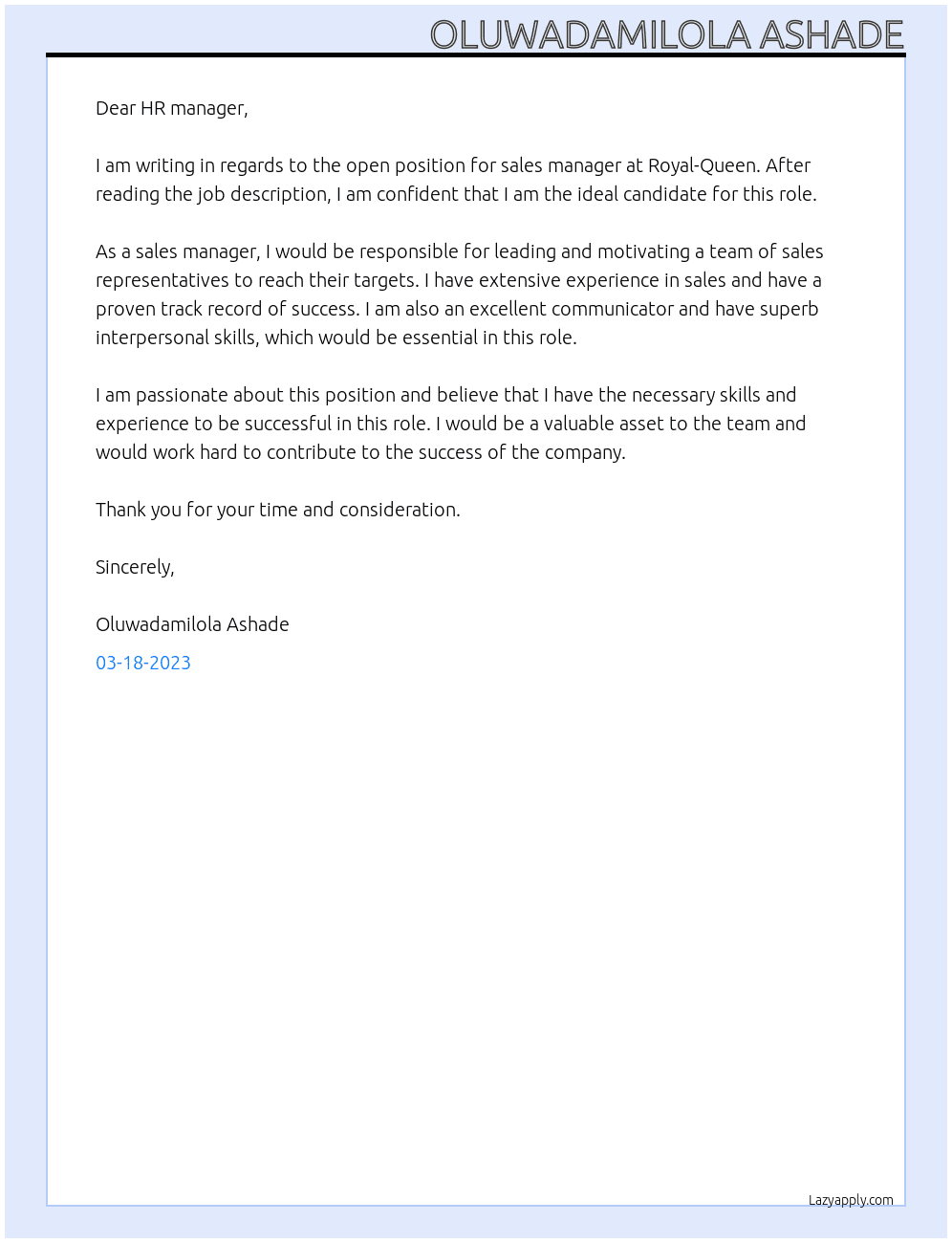 Sales manager  At Royal-Queen. Cover Letter