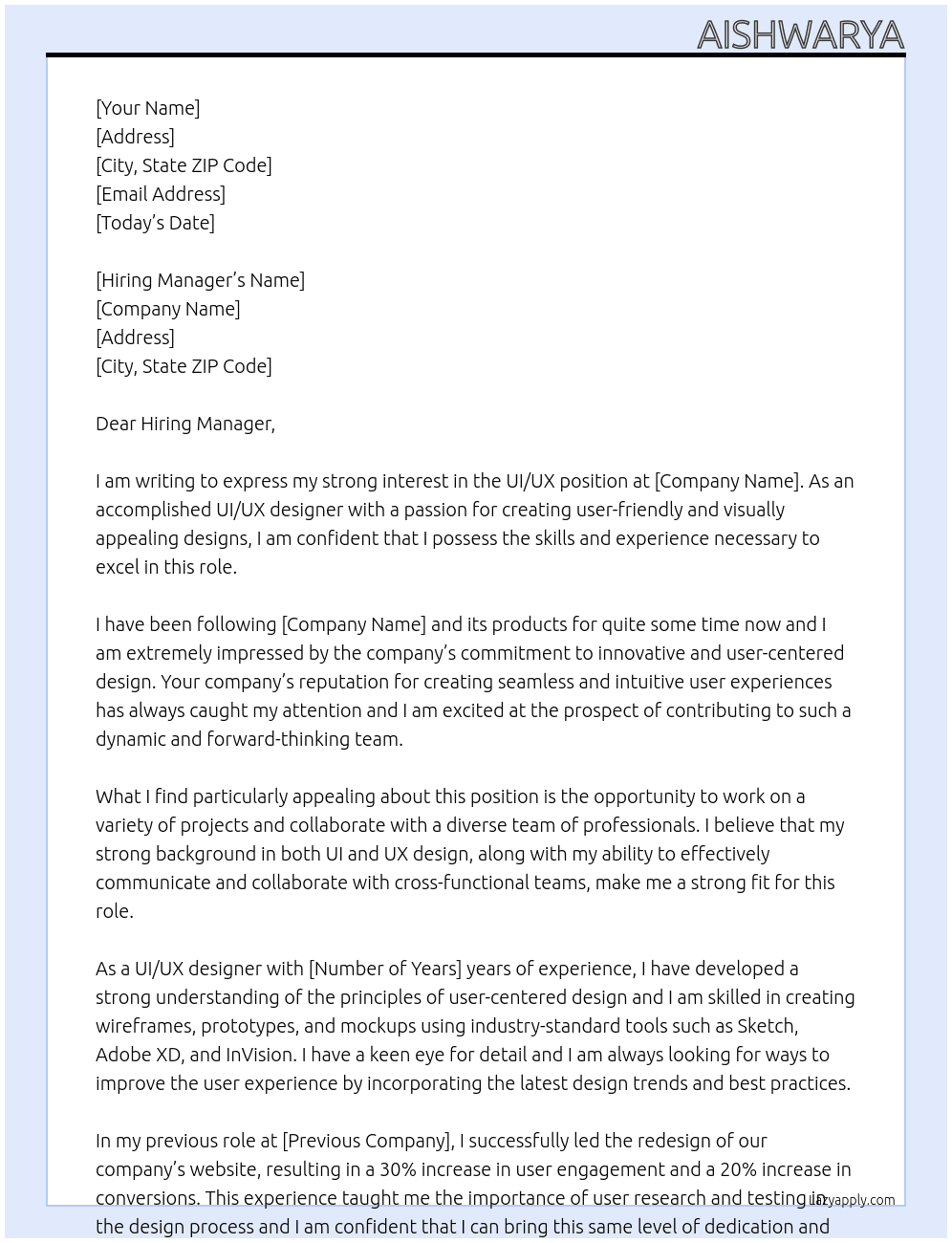 UI/UX At None Cover Letter