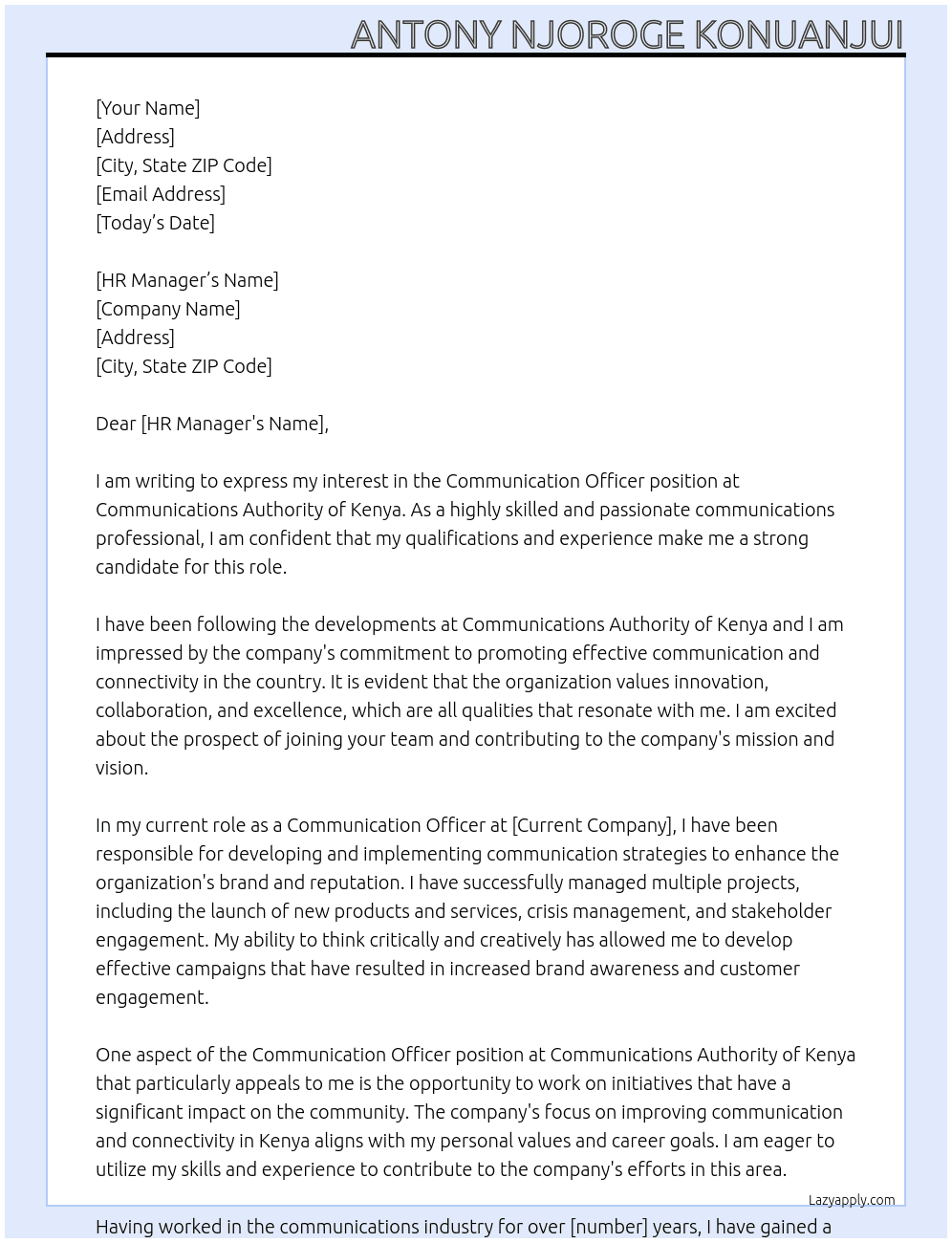 Communication Officer  At Communications Authority of Kenya Cover Letter