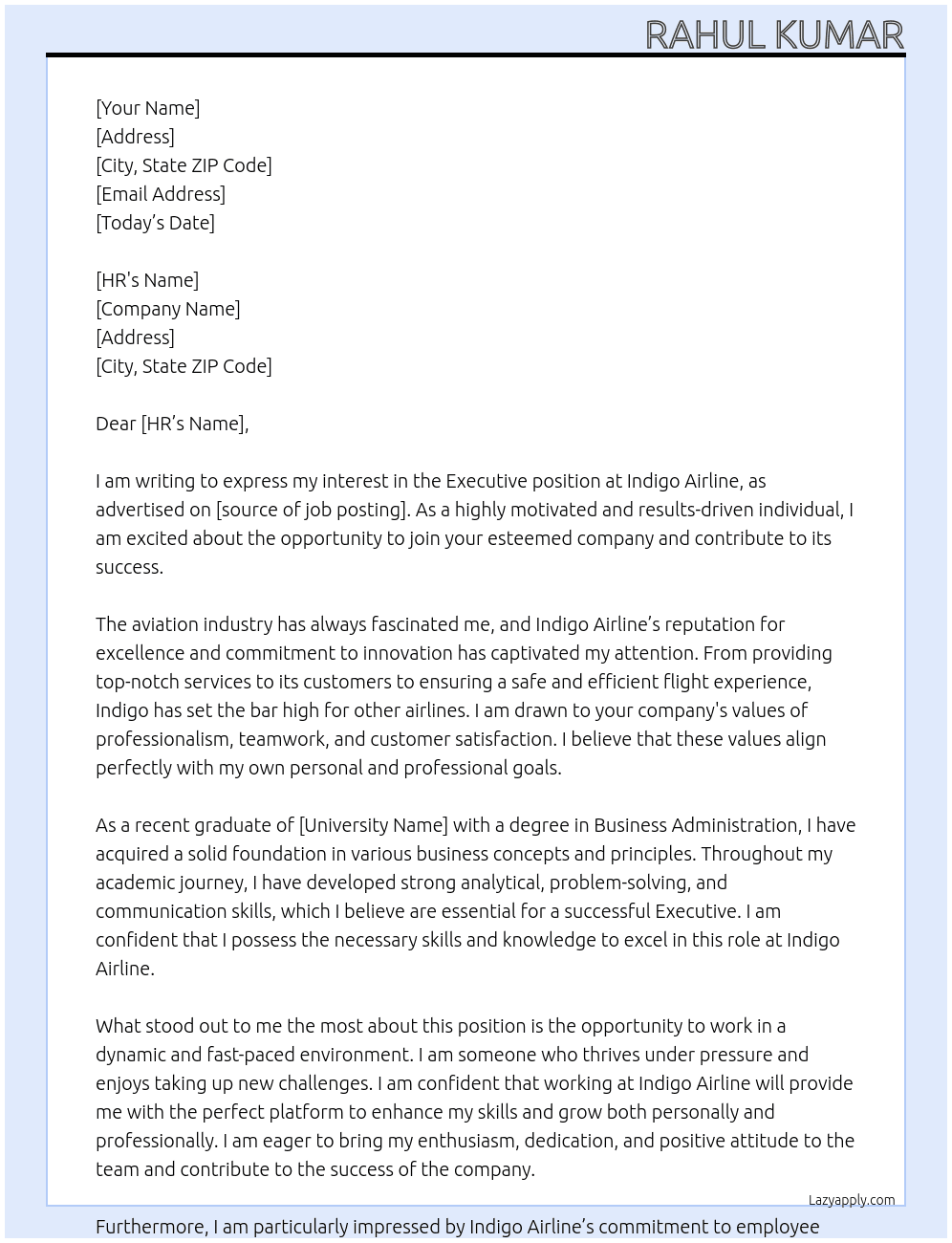 exeutive At indigo  air line Cover Letter