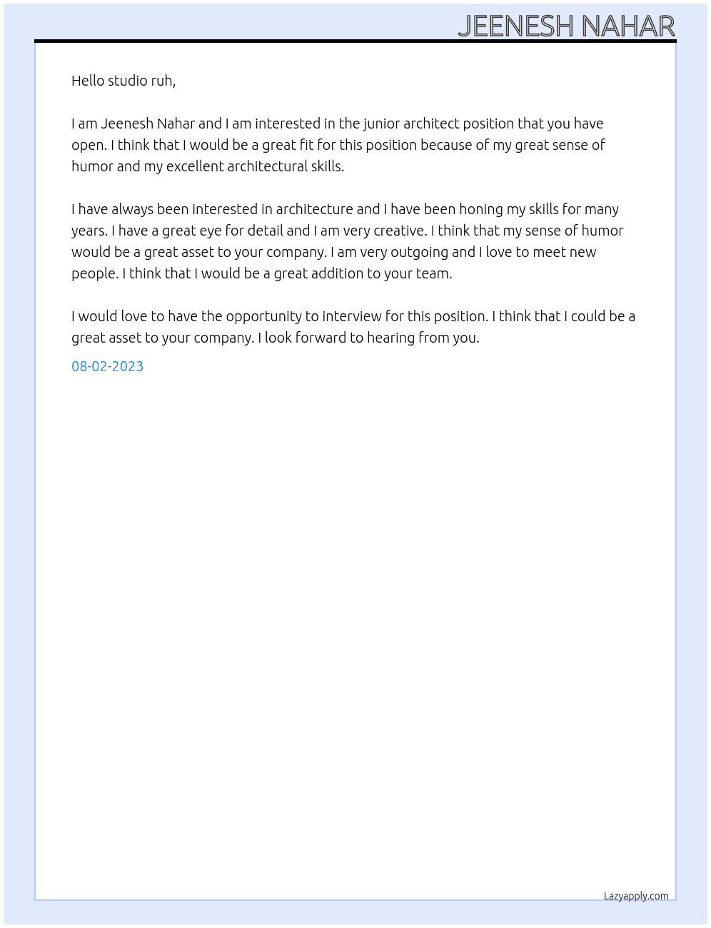 Junior architect At studio ruh Cover Letter