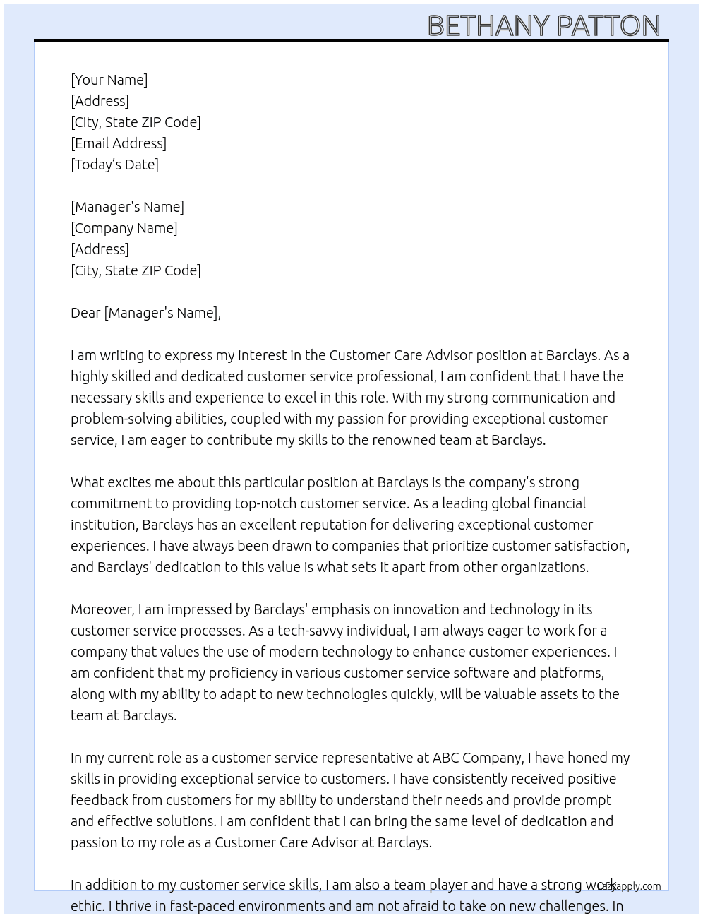 Customer care advisor  At Barclays  Cover Letter
