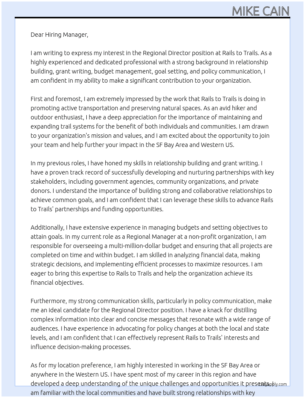 regional director At Rails to Trails Cover Letter