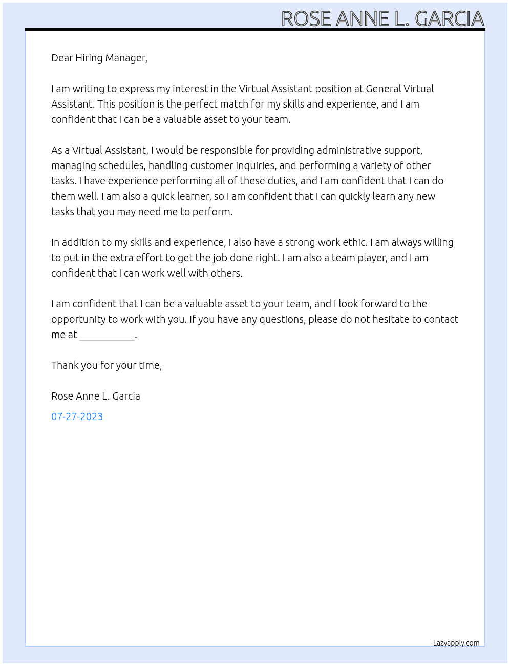 VIRTUAL ASSISTANT At General Virtual Assistant Cover Letter