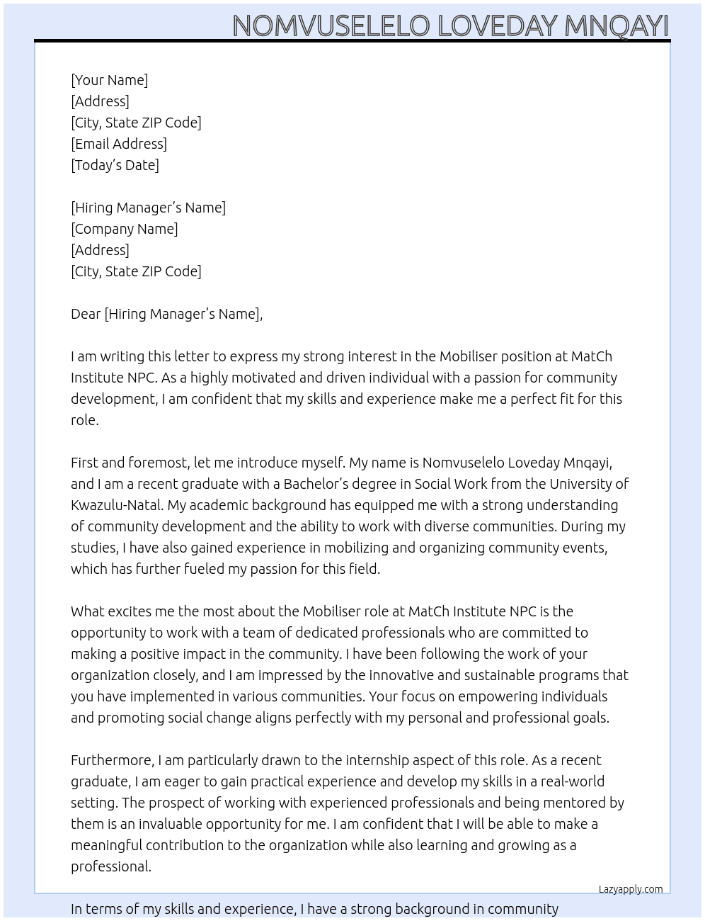 Mobiliser At MatCh Institute NPC Cover Letter