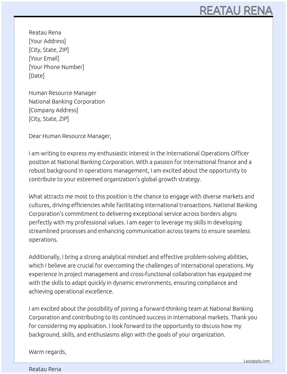 International Operations Officer At National Banking Corporation Cover Letter