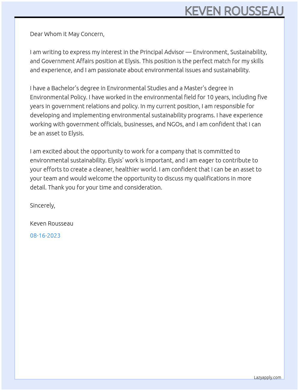 Principal Advisor — Environment, Sustainability, and Government Affairs  At Elysis Cover Letter