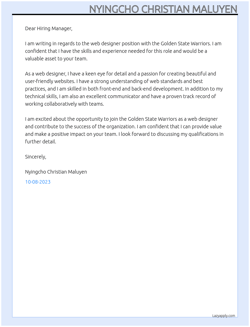 web designer At Golden State Warriors Cover Letter