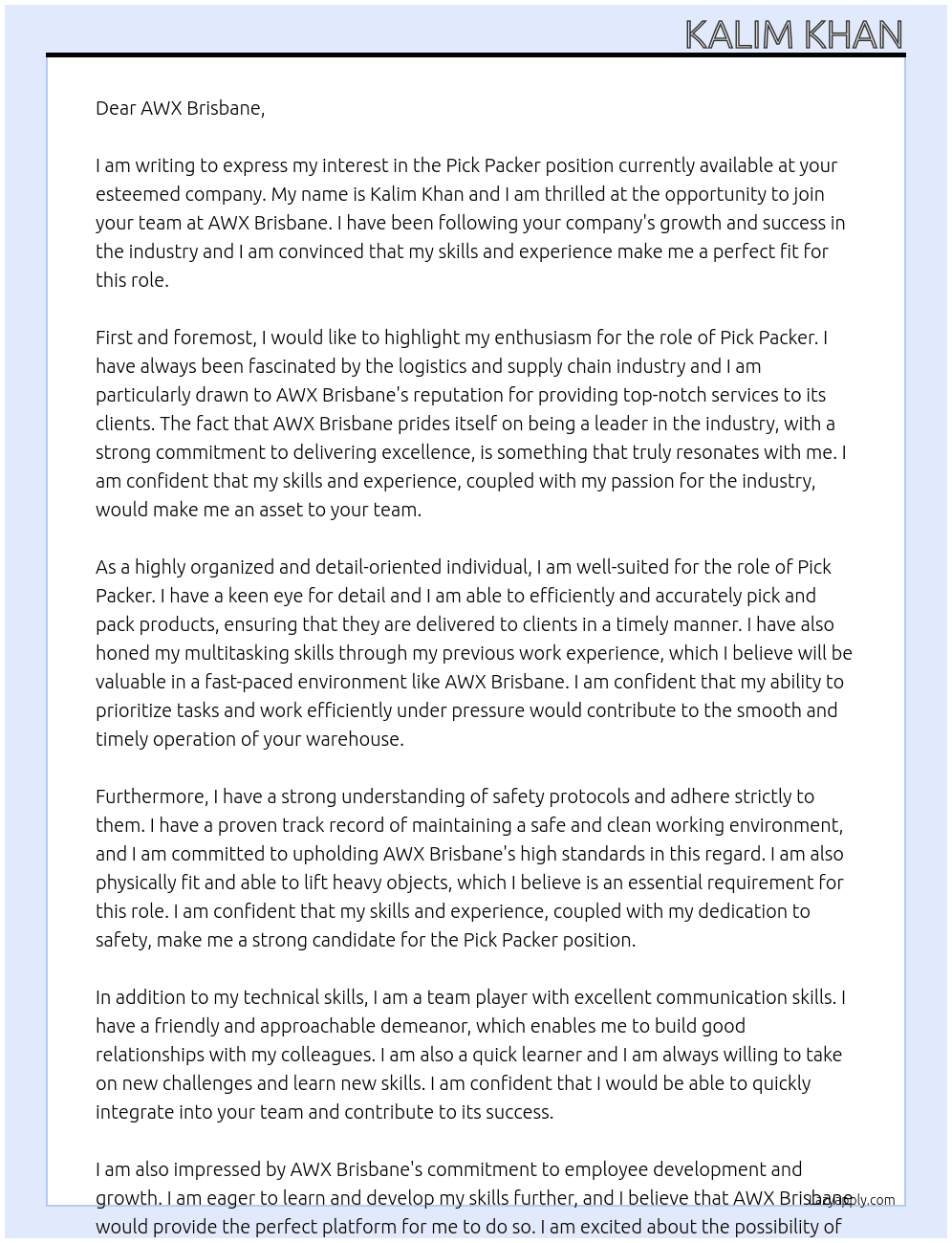Pick packer At AWX Brisbane  Cover Letter