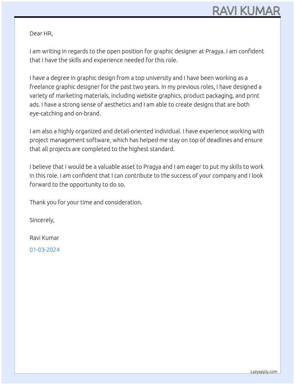 Graphic Designer At Pragya Cover Letter
