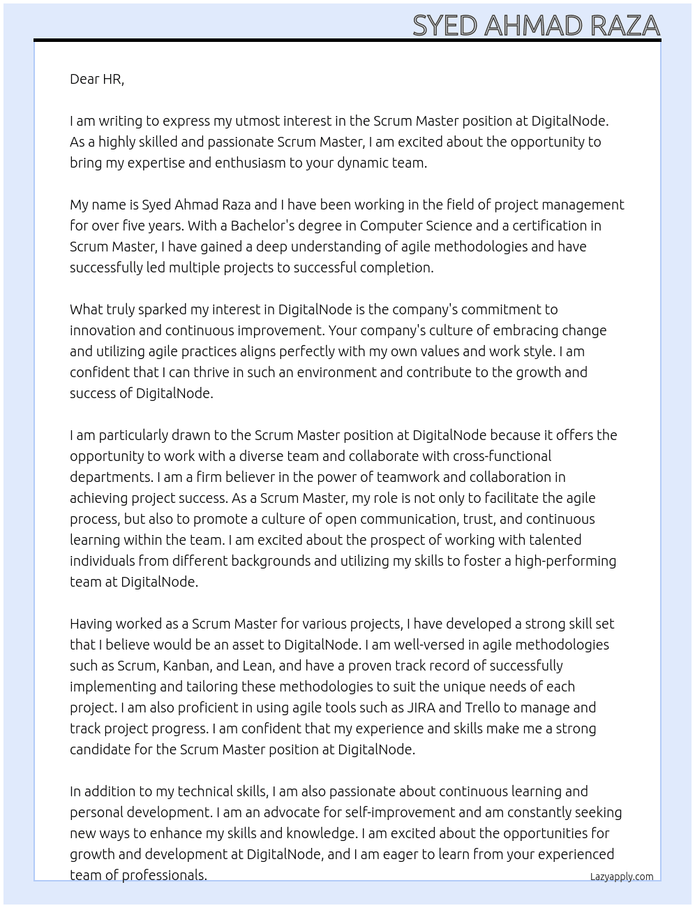 scrum master At digitalnode Cover Letter