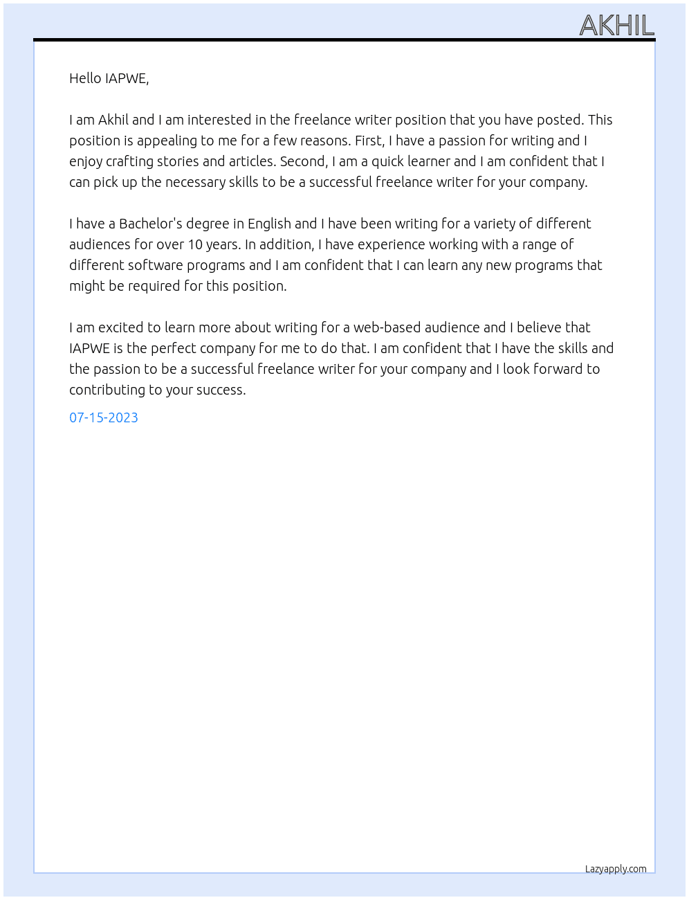 Freelance Writer At IAPWE Cover Letter