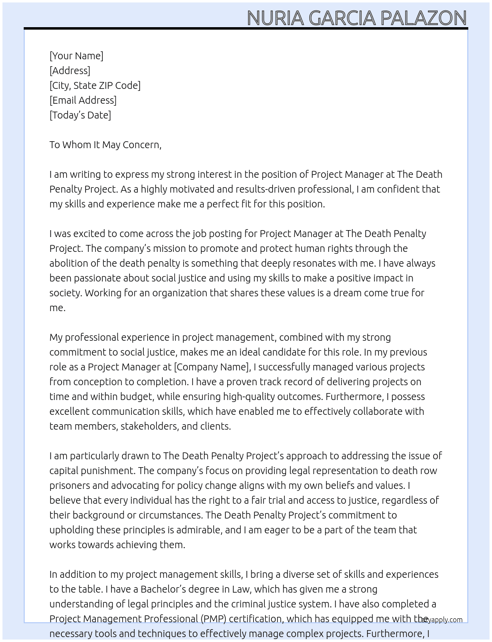 Project Manager At The death penalty project Cover Letter