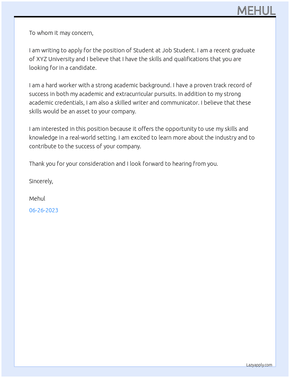 Student  At  Job Student  Cover Letter