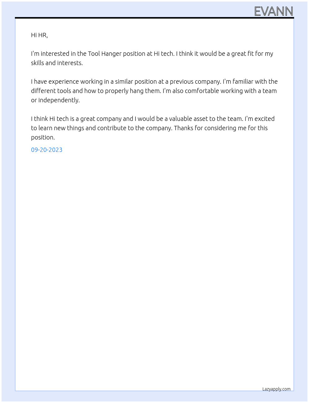 Tool Hanger At Hi tech Cover Letter