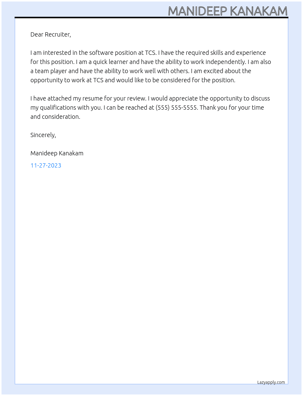 Software  At TCS Cover Letter