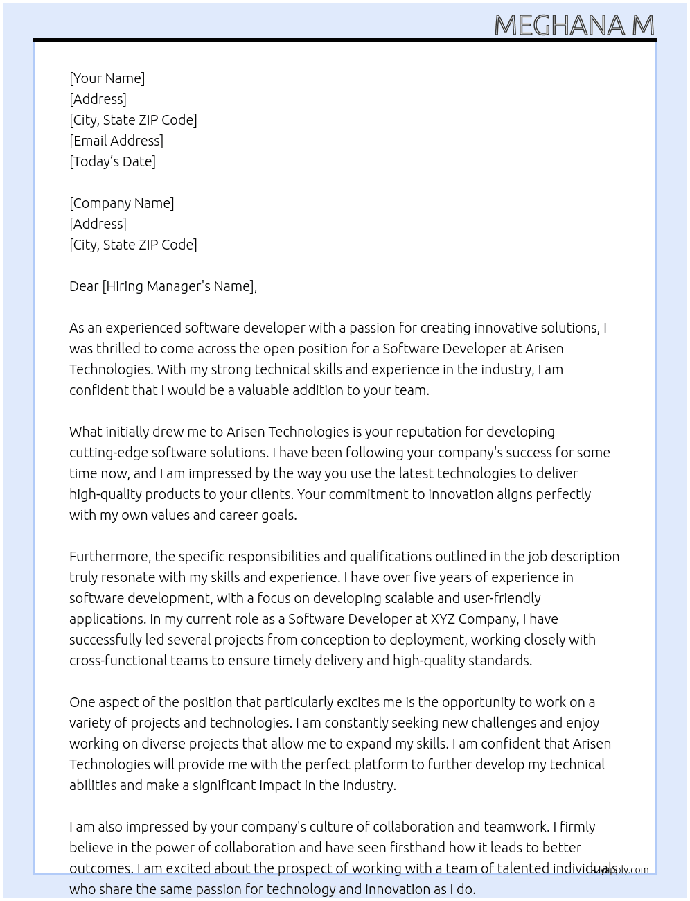 Software developer  At Arisen technologies Cover Letter