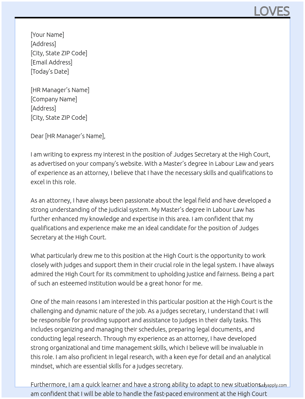 judges sectary with a masters degree in labour law, is an attorney At high court Cover Letter