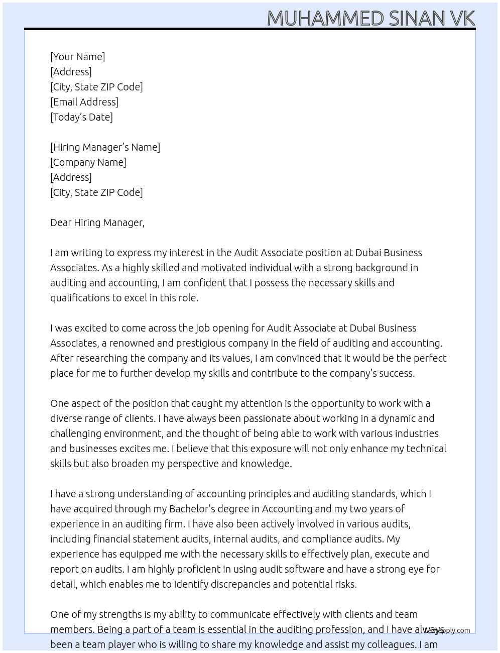 Audit associate  At Dubai business associates  Cover Letter