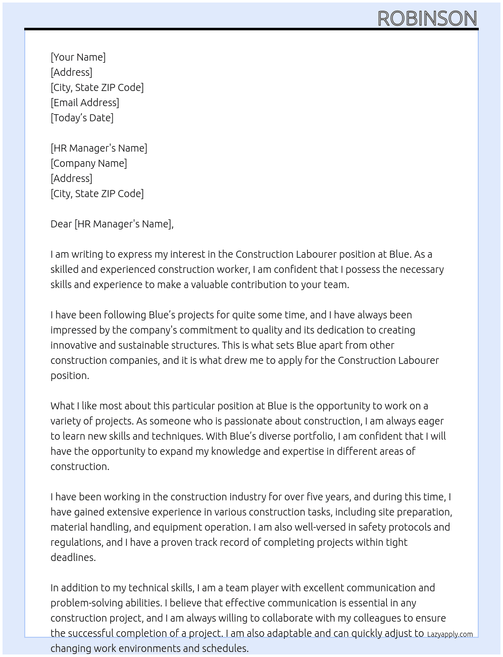 Construction labourer At Blue Cover Letter