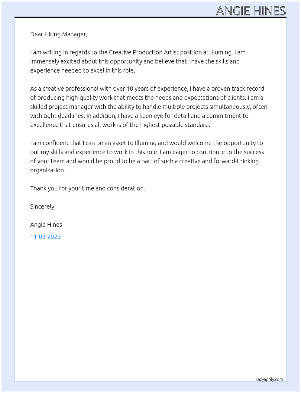 Creative Production Artist At Illuming Cover Letter