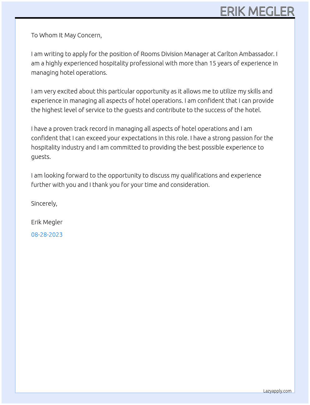 Rooms Division Manager At Carlton Ambassador  Cover Letter
