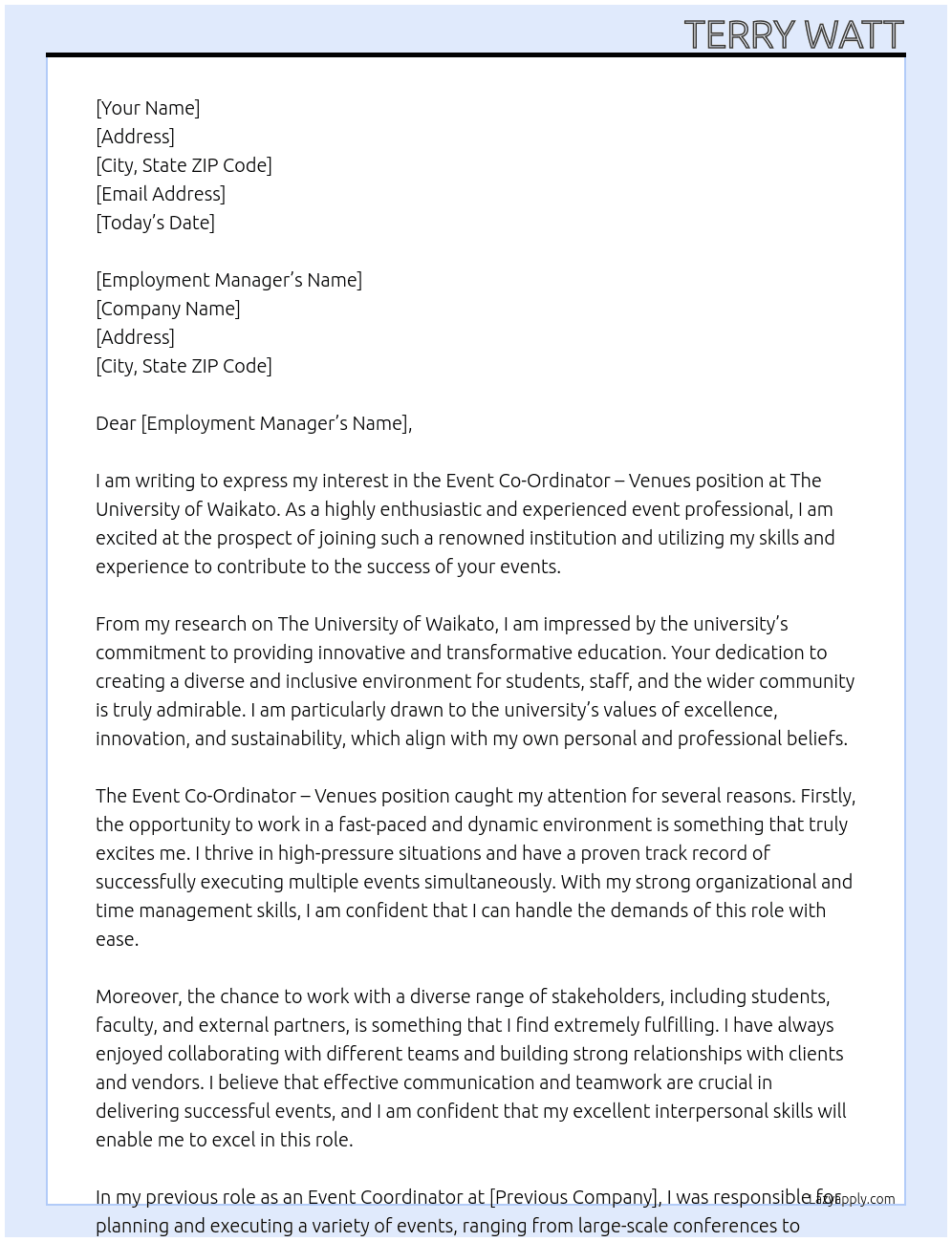 Event Co-Ordinator - Venues At The University of Waikato Cover Letter