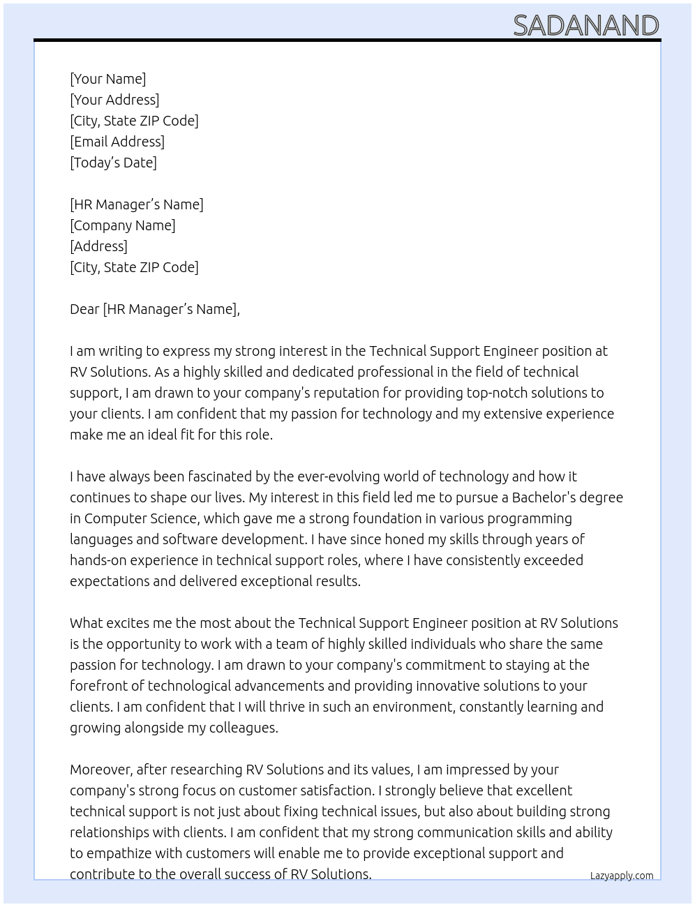 Technical support engineer At Rv solutions  Cover Letter