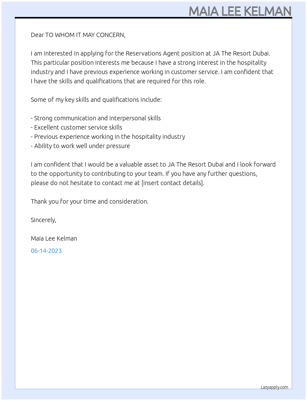 rESERVATIONS AGENT At ja THE RESORT DUBAI Cover Letter