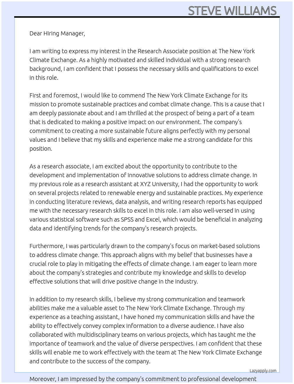 Research associate  At The New York Climate exchange  Cover Letter