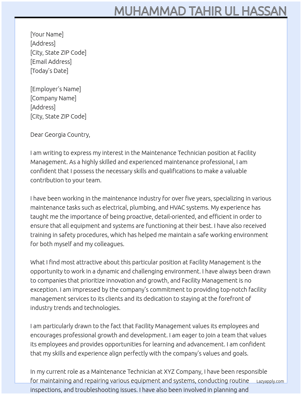 Maintenance technician  At Facility management  Cover Letter