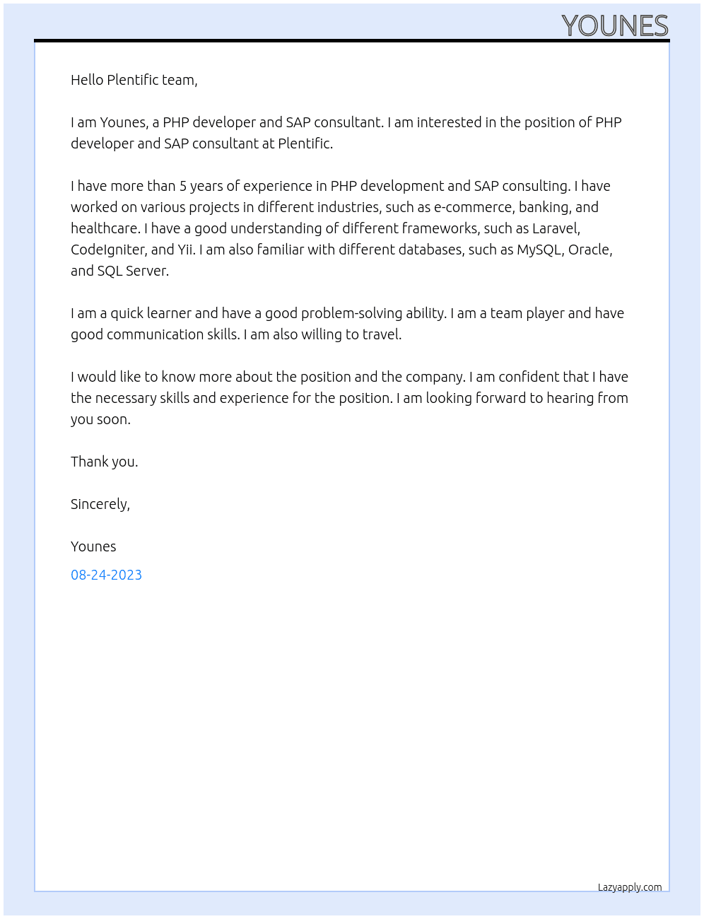 php developer and sap consultant  At Plentific Cover Letter
