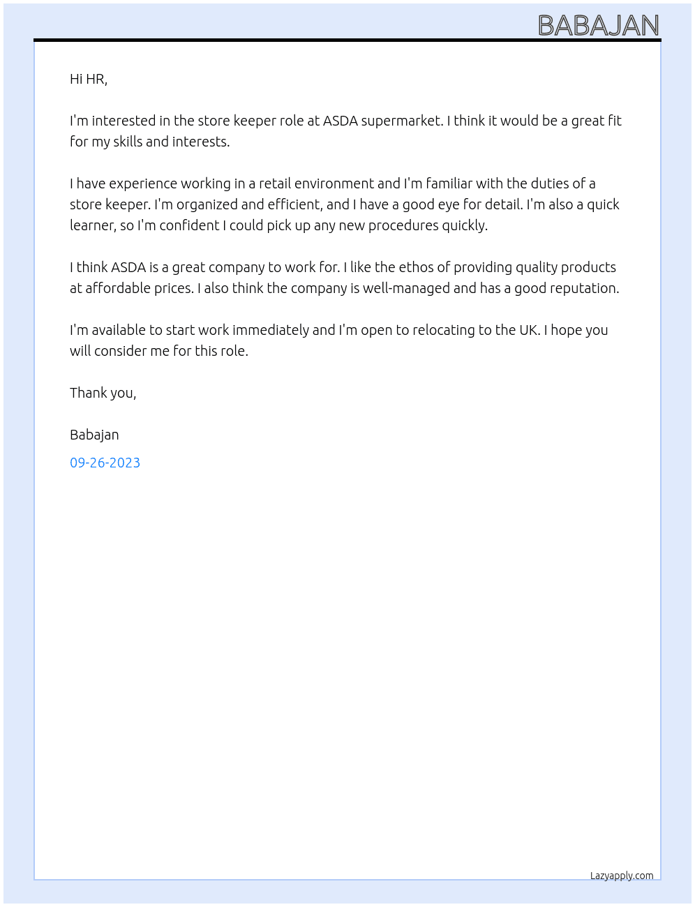 STORE KEEPER At ASDA SUPERMARKET Cover Letter