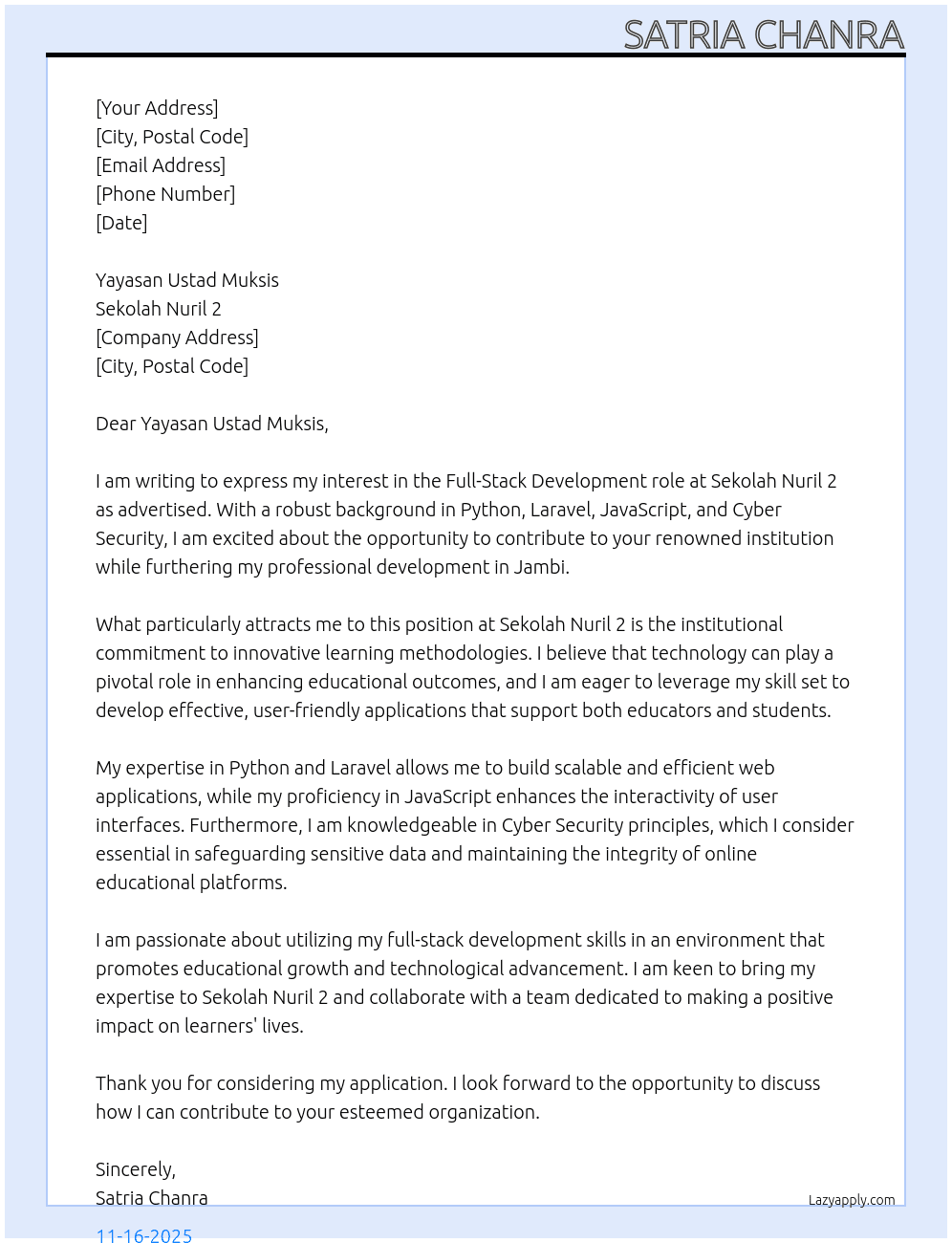IT At Sekolah Nuril 2 Cover Letter
