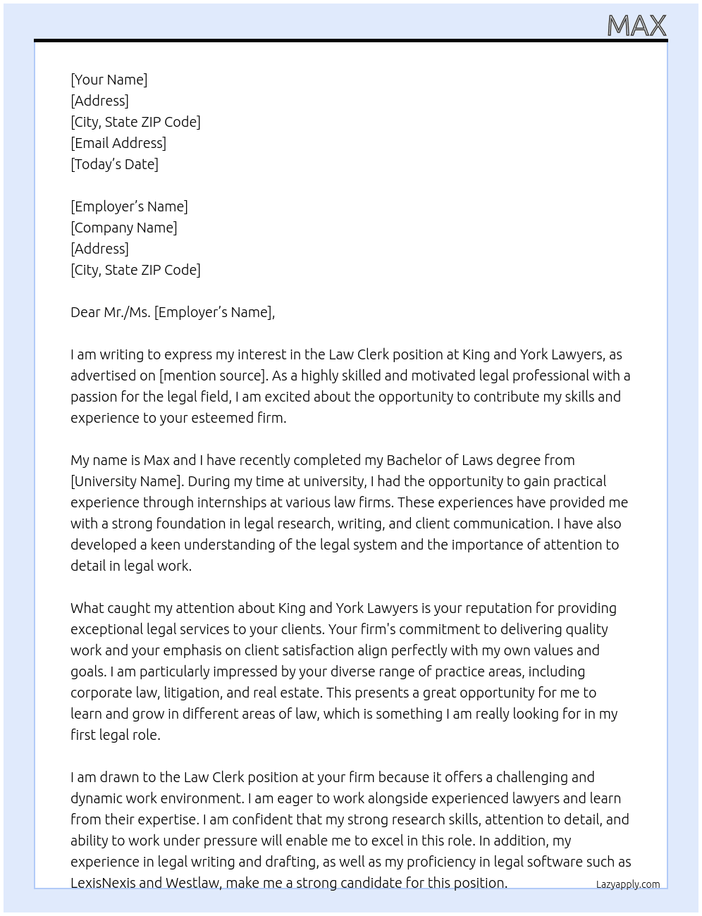 Law Clerk At King and York Lawyers Cover Letter