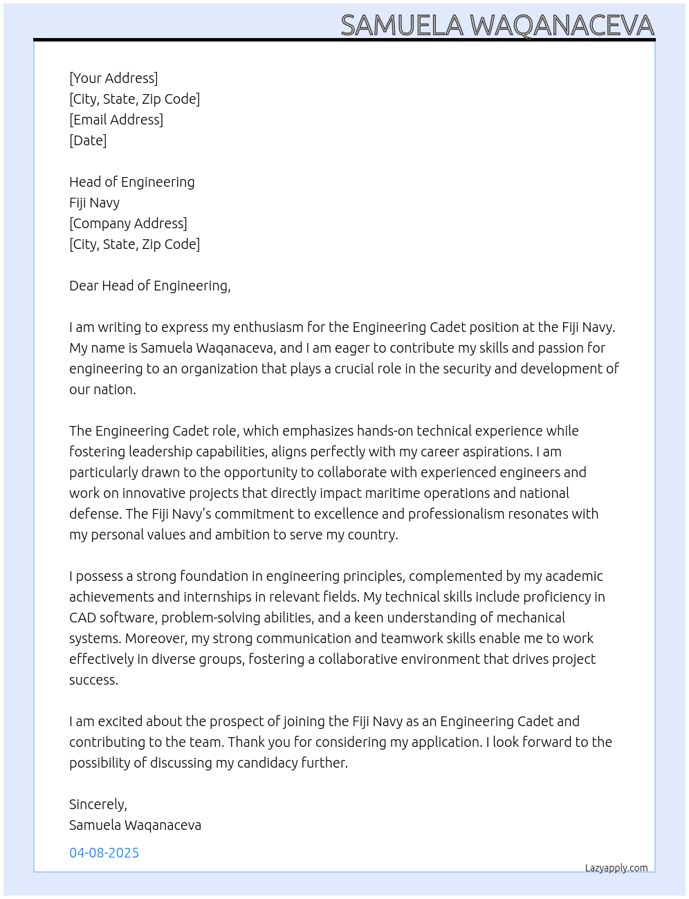 engineering cadet At fiji navy  Cover Letter
