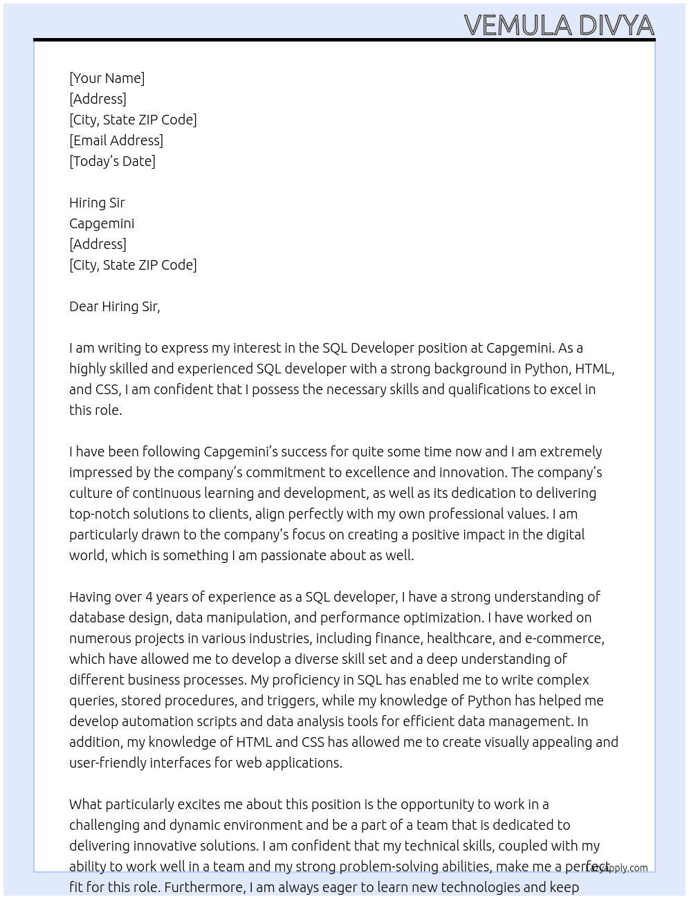 SQL Developer  At Capgemini  Cover Letter