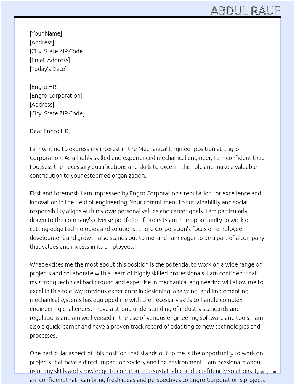Mechanical Engineer At Engro Corporation Cover Letter