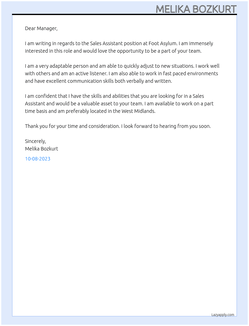 Sales assistant At Foot Asylum Cover Letter