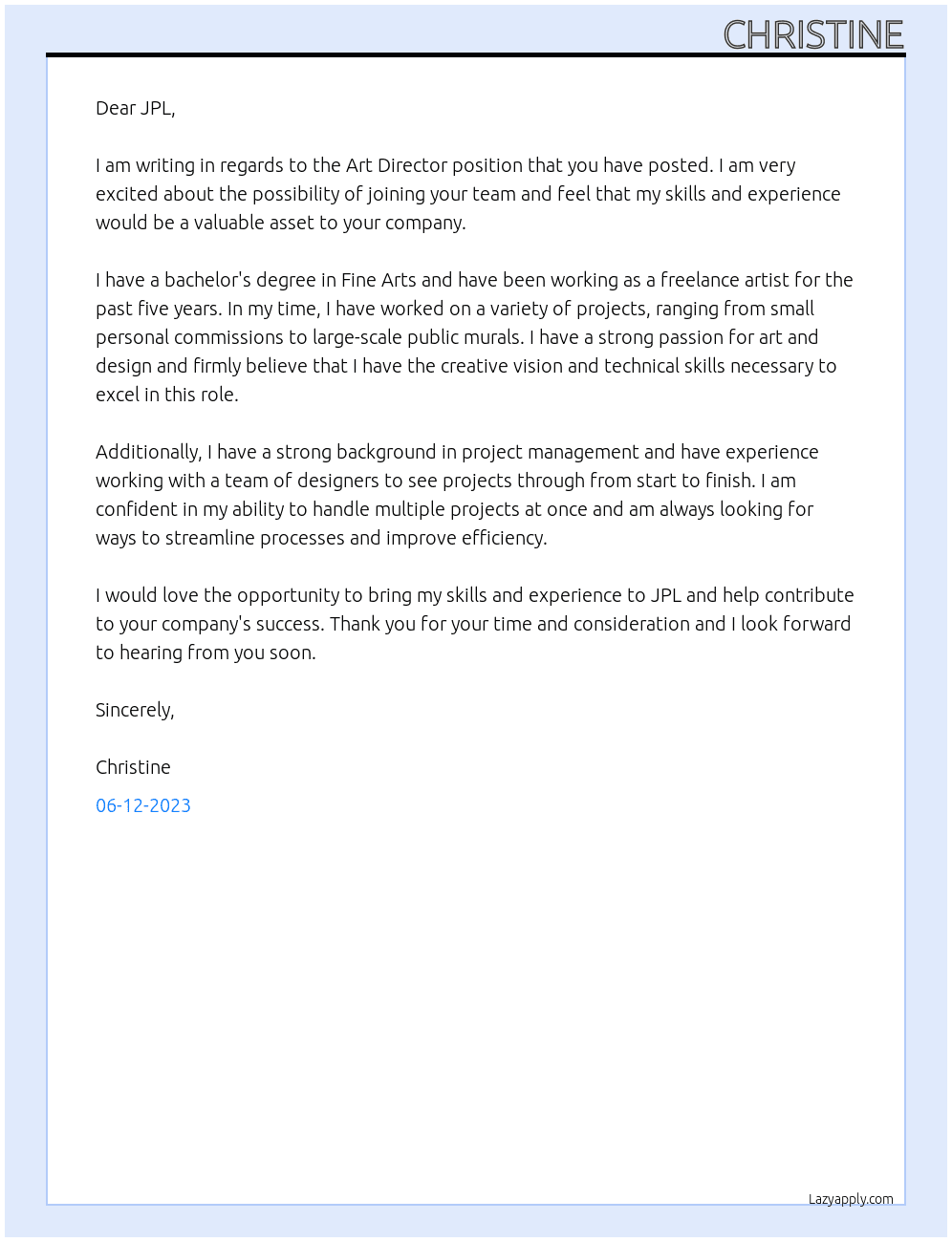 Art Director At JPL Cover Letter