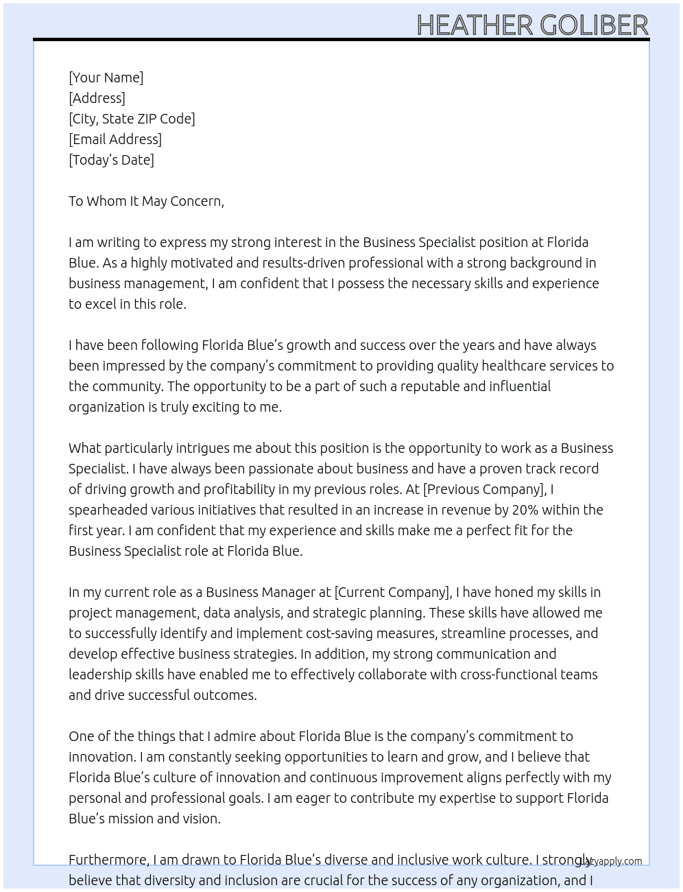 Business Specialist At Florida Blue Cover Letter