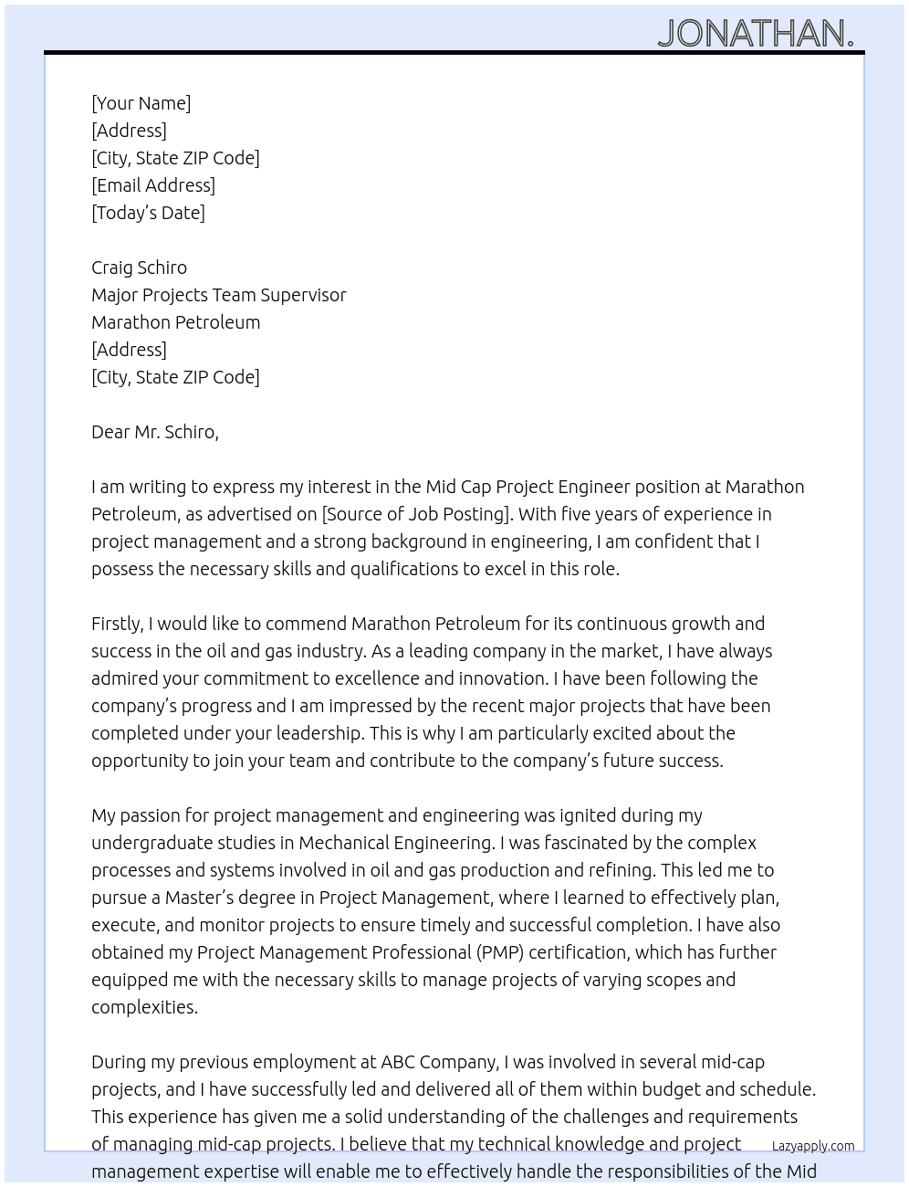 Mid Cap Project Engineer  At Marathon Petroleum  Cover Letter