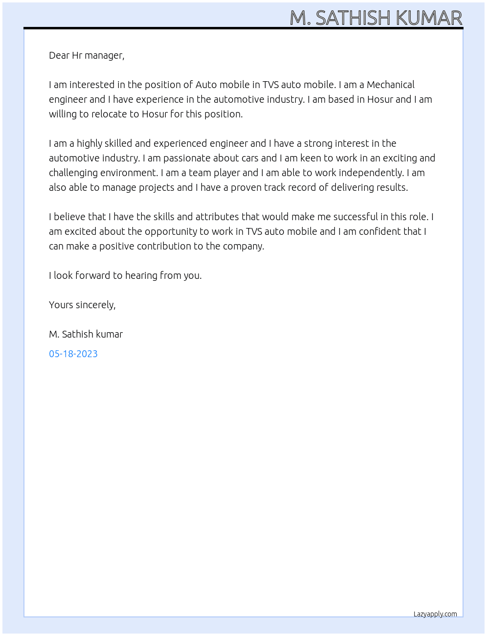 Auto mobile  At TVS auto mobile Cover Letter