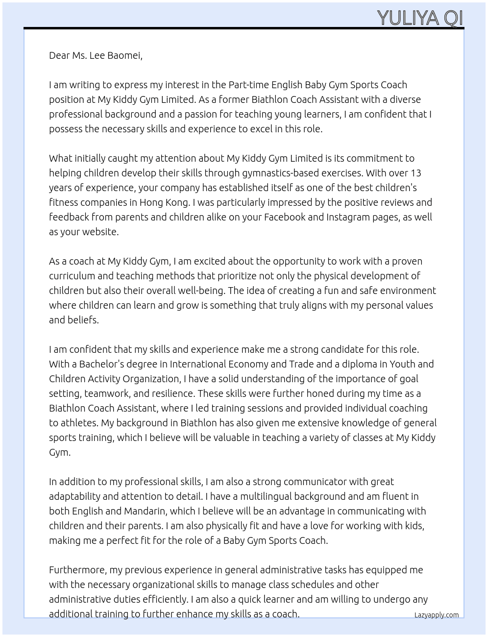 Part time English Baby Gym Sports Coach At My Kiddy Gym Limited Cover Letter