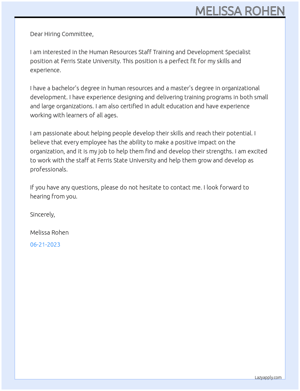 Human Resources Staff Training and Development Specialist At Ferris State University Cover Letter