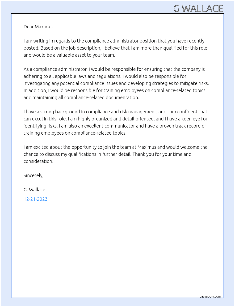 Compliance administrator At Maximus Cover Letter