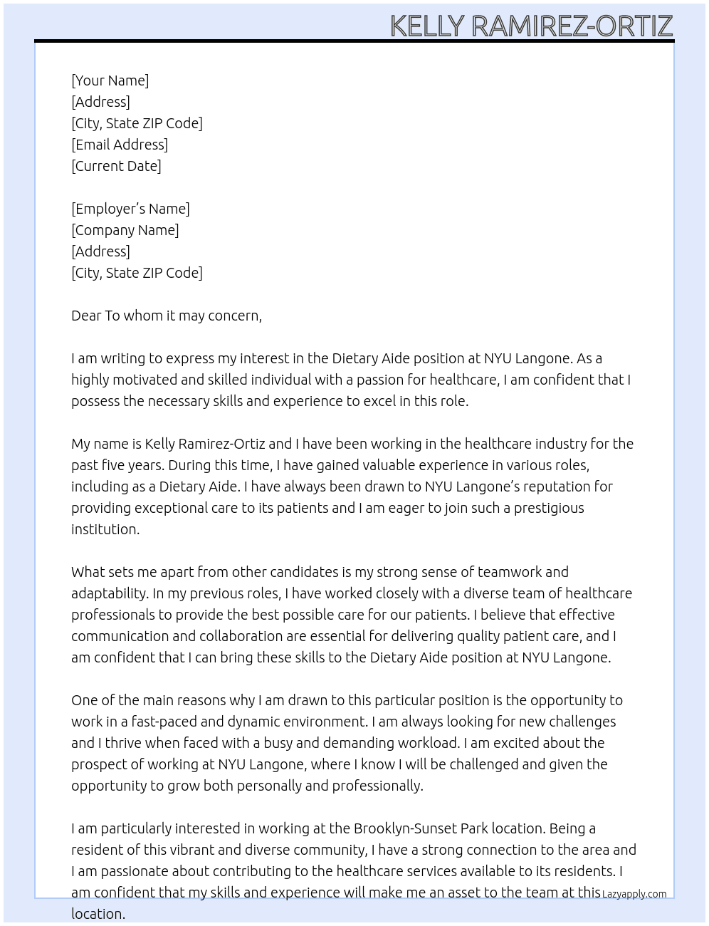 Dietary Aide  At NYU Langone Cover Letter