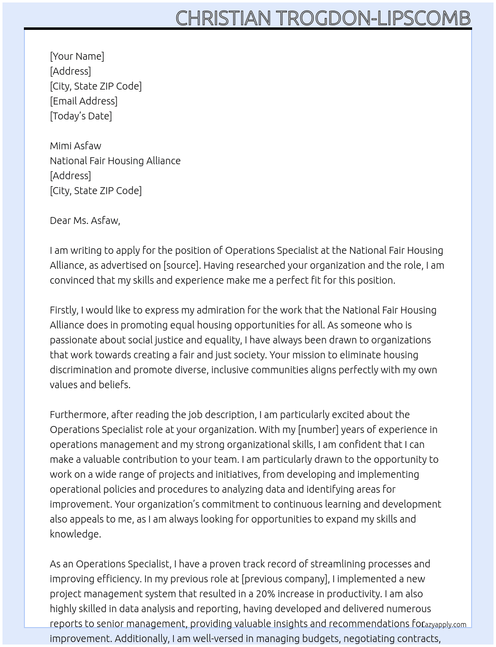 Operations Specialist  At National Fair Housing Alliance Cover Letter